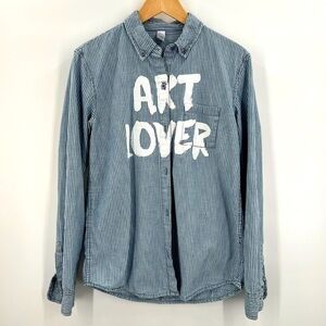 Alternative striped denim button down long sleeved shirt woman Large